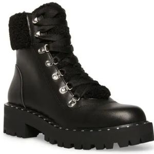 Steve Madden Womens Leather Receptive Faux Fur Lined Lace-Up Ankle Boots